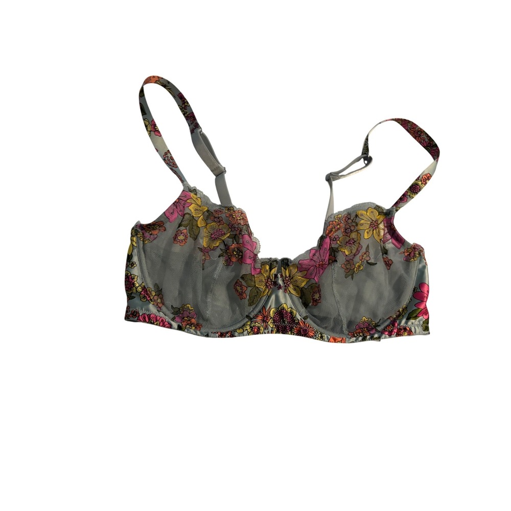 Savage X Fenty Bra Floral Embroidered Mesh Unlined Blue Pink 36DD